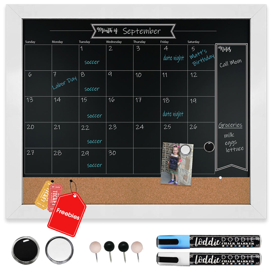 Loddie Doddie 18x24 Rustic Framed Chalkboard Calendar and Bulletin Combo Board. Includes Chalk Markers Push-pins and Magnets. Blackboard - Calendar