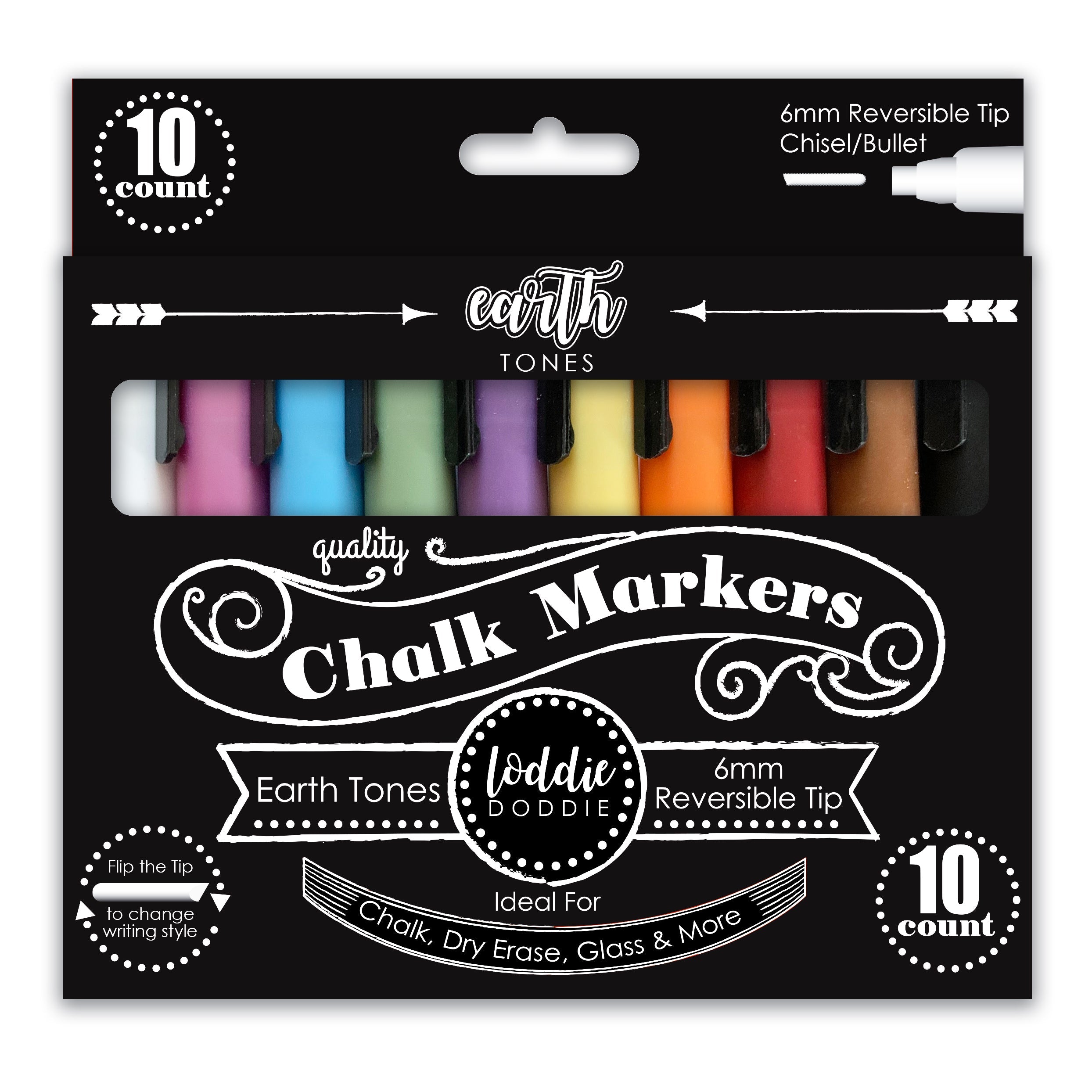 Loddie Doddie Liquid Chalk Markers | Dust Free Chalk Pens - Perfect for Chalkboards, Blackboards, Windows and Glass | 6mm Reversible Bullet & Chisel