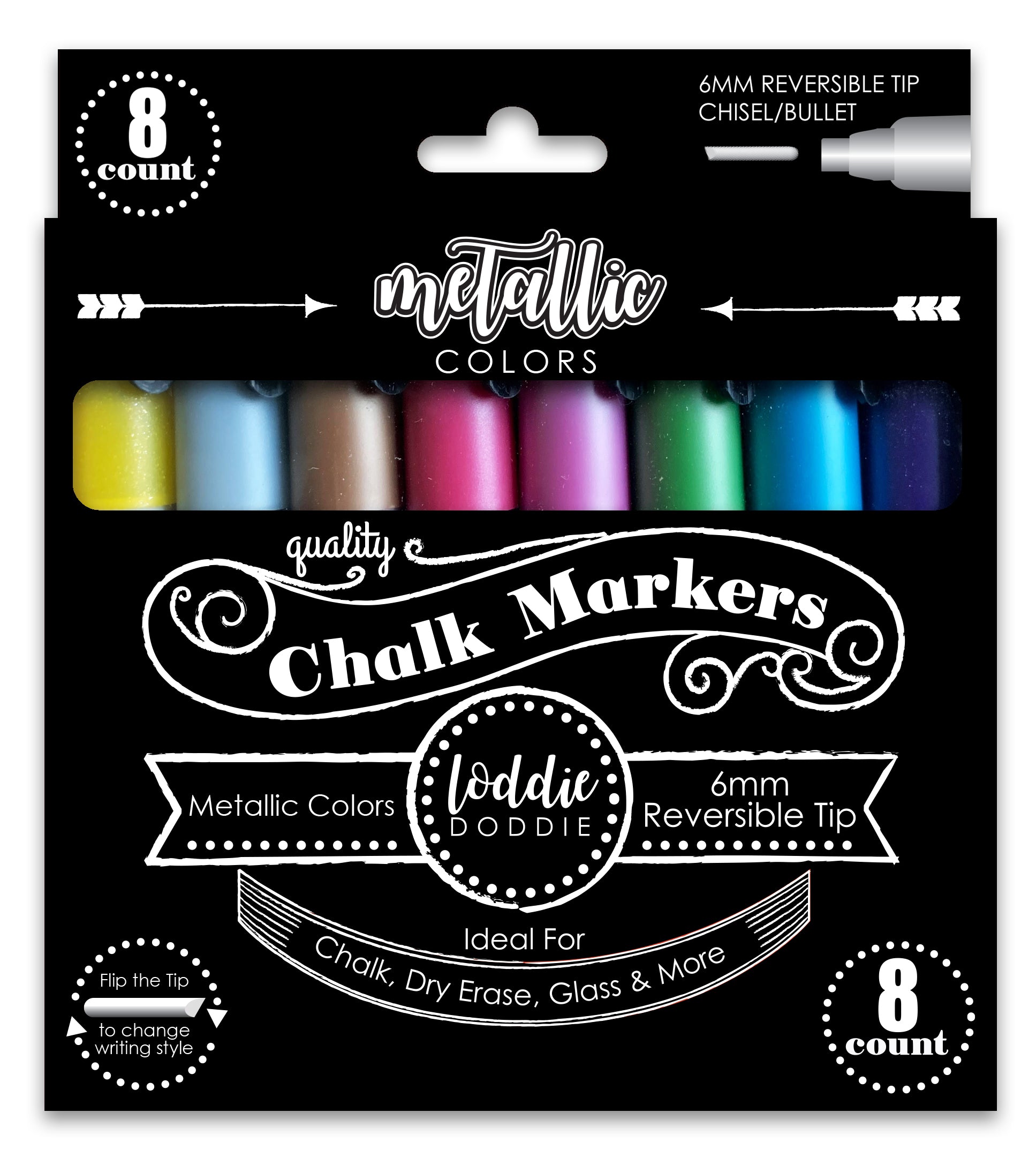 Loddie Doddie Liquid Chalk Markers for Chalkboard - 6mm Reversible Chisel  and Bullet Tips, Chalkboard Markers Erasable, Metallic Chalk Pens 8 Count :  Office Products 