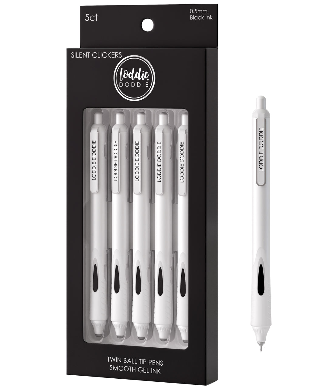 5ct Roller Gel Pens - Silent Clickers - White - Black Ink