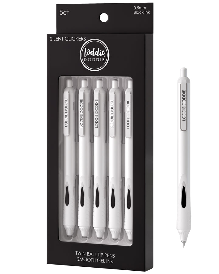 5ct Roller Gel Pens - Silent Clickers - White - Black Ink