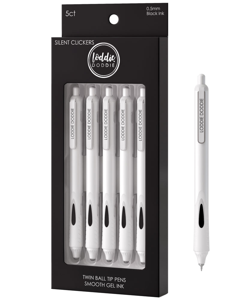 5ct Roller Gel Pens - Silent Clickers - White - Black Ink