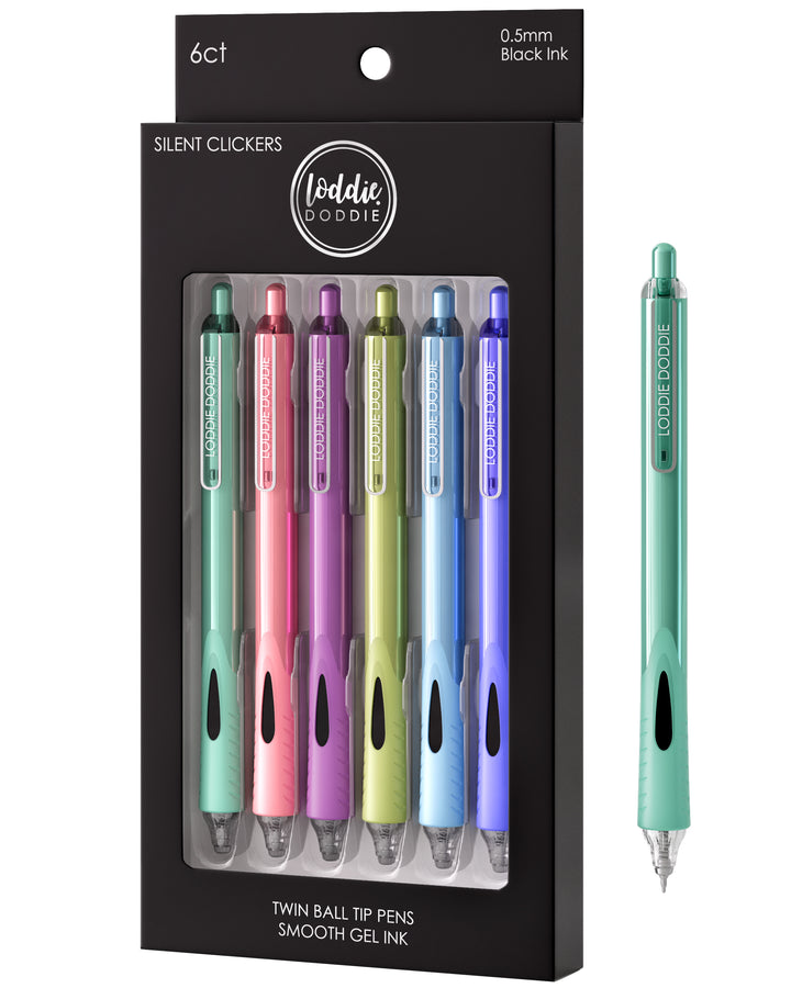 6ct Roller Gel Pens - Silent Clickers - Multi Color - Black Ink