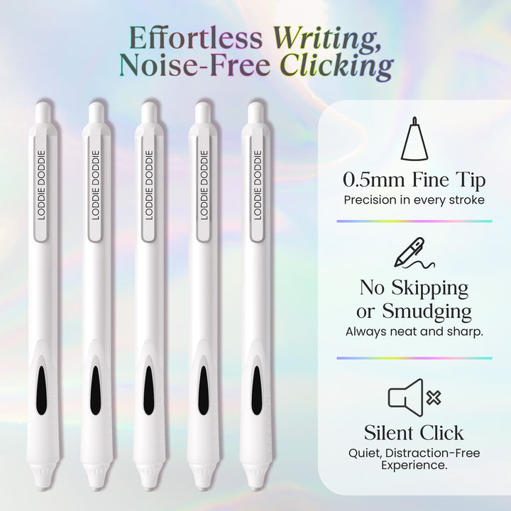 5ct Roller Gel Pens - Silent Clickers - White - Black Ink