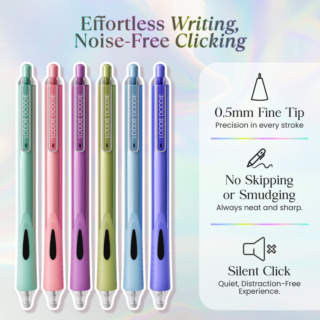 6ct Roller Gel Pens - Silent Clickers - Multi Color - Black Ink