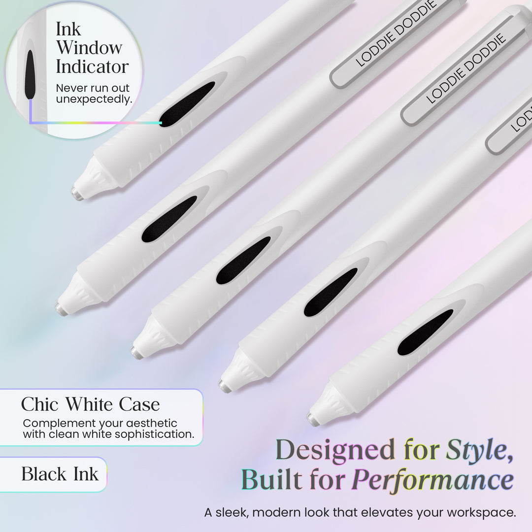 5ct Roller Gel Pens - Silent Clickers - White - Black Ink