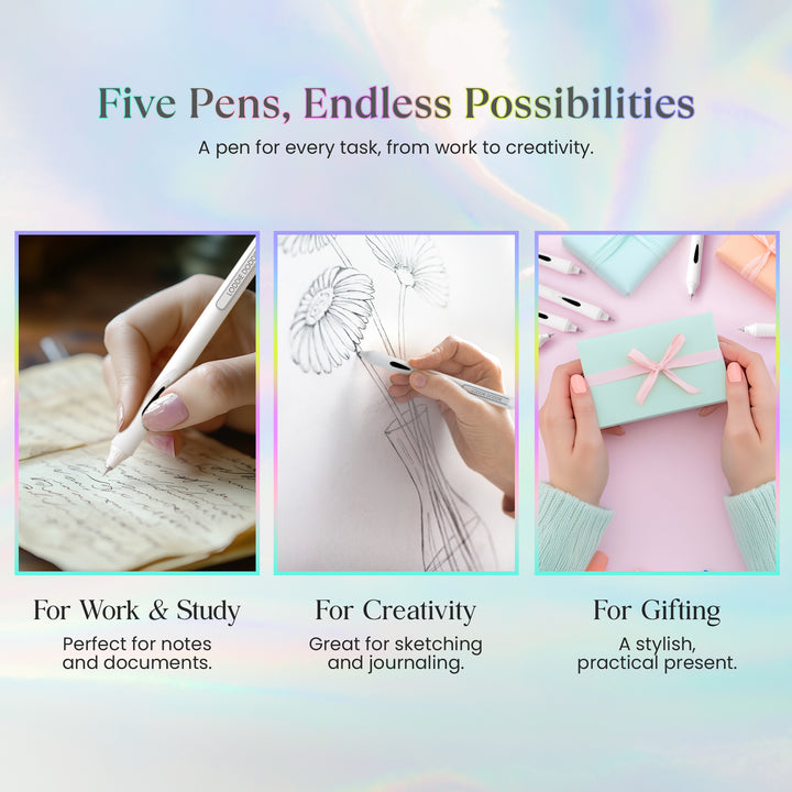 5ct Roller Gel Pens - Silent Clickers - White - Black Ink