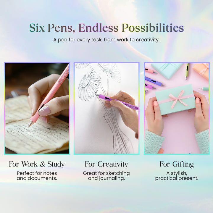 6ct Roller Gel Pens - Silent Clickers - Multi Color - Black Ink
