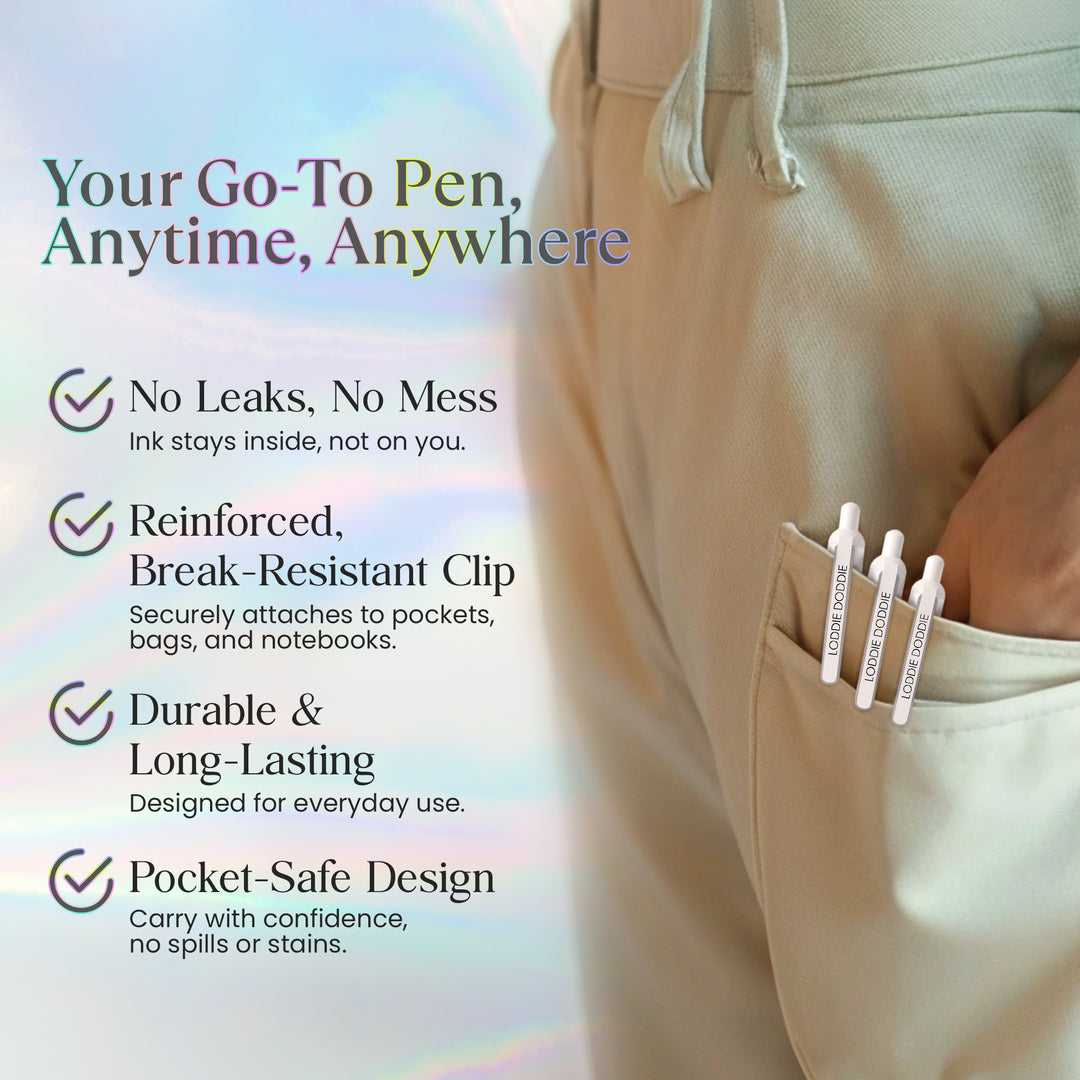 5ct Roller Gel Pens - Silent Clickers - White - Black Ink