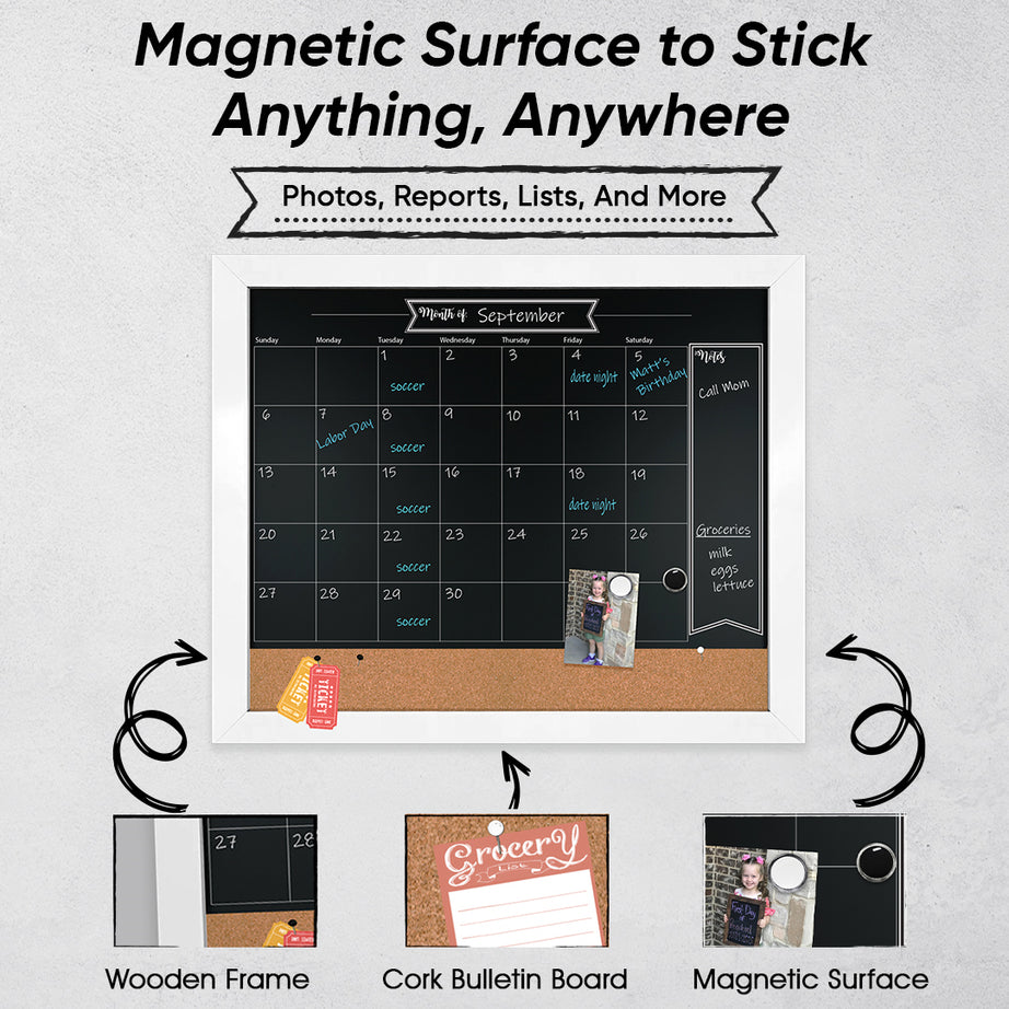 18x24 3N1 Magnetic Chalkboard Calendar Combo Kit- White Frame