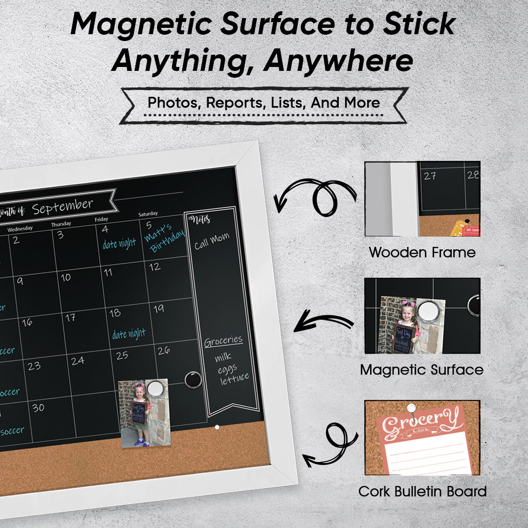 18x24 3N1 Magnetic Chalkboard Calendar Combo Kit- White Frame