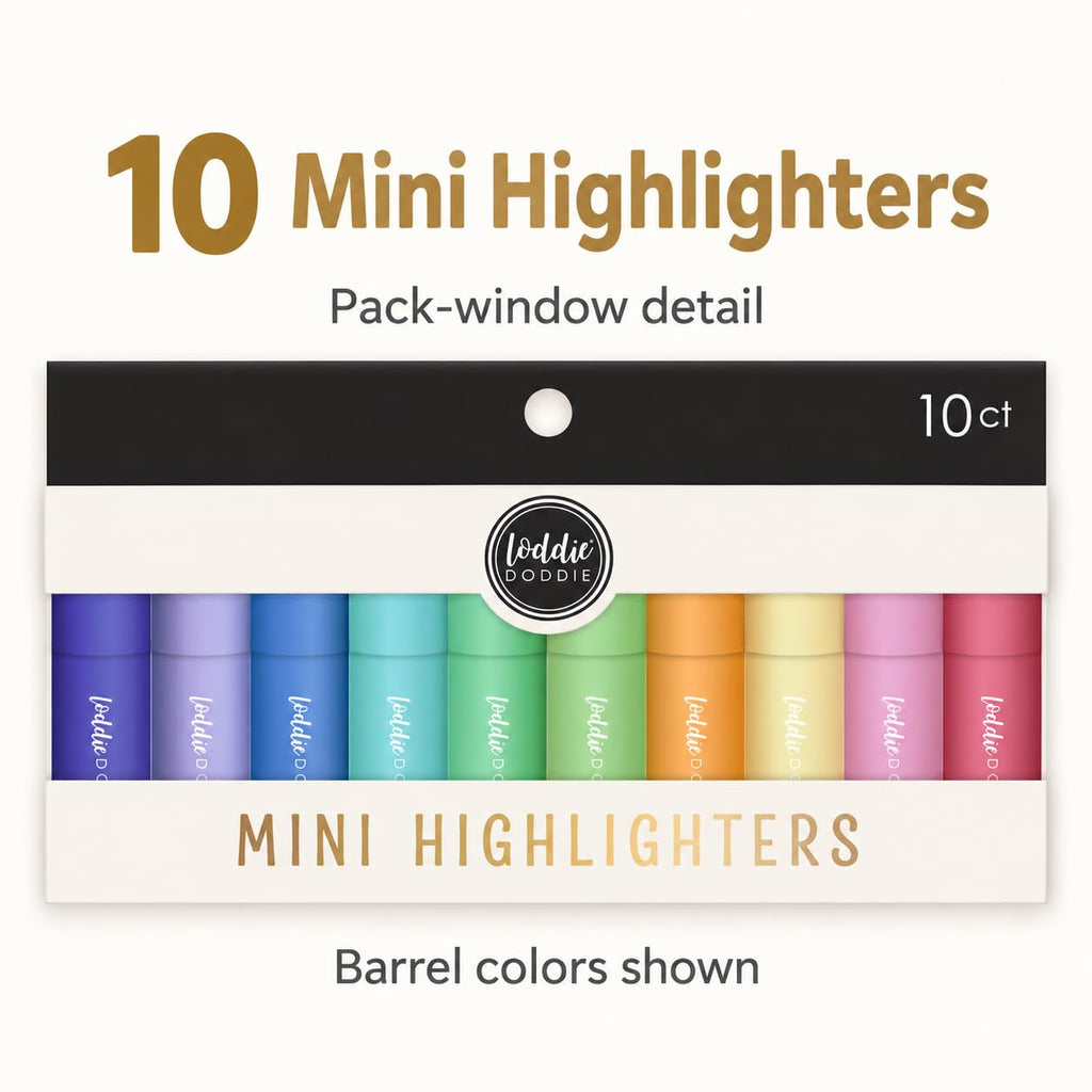 Loddie Doddie Mini Highlighters, Assorted Pastel Colors, Compact Barrels, 10 Pack