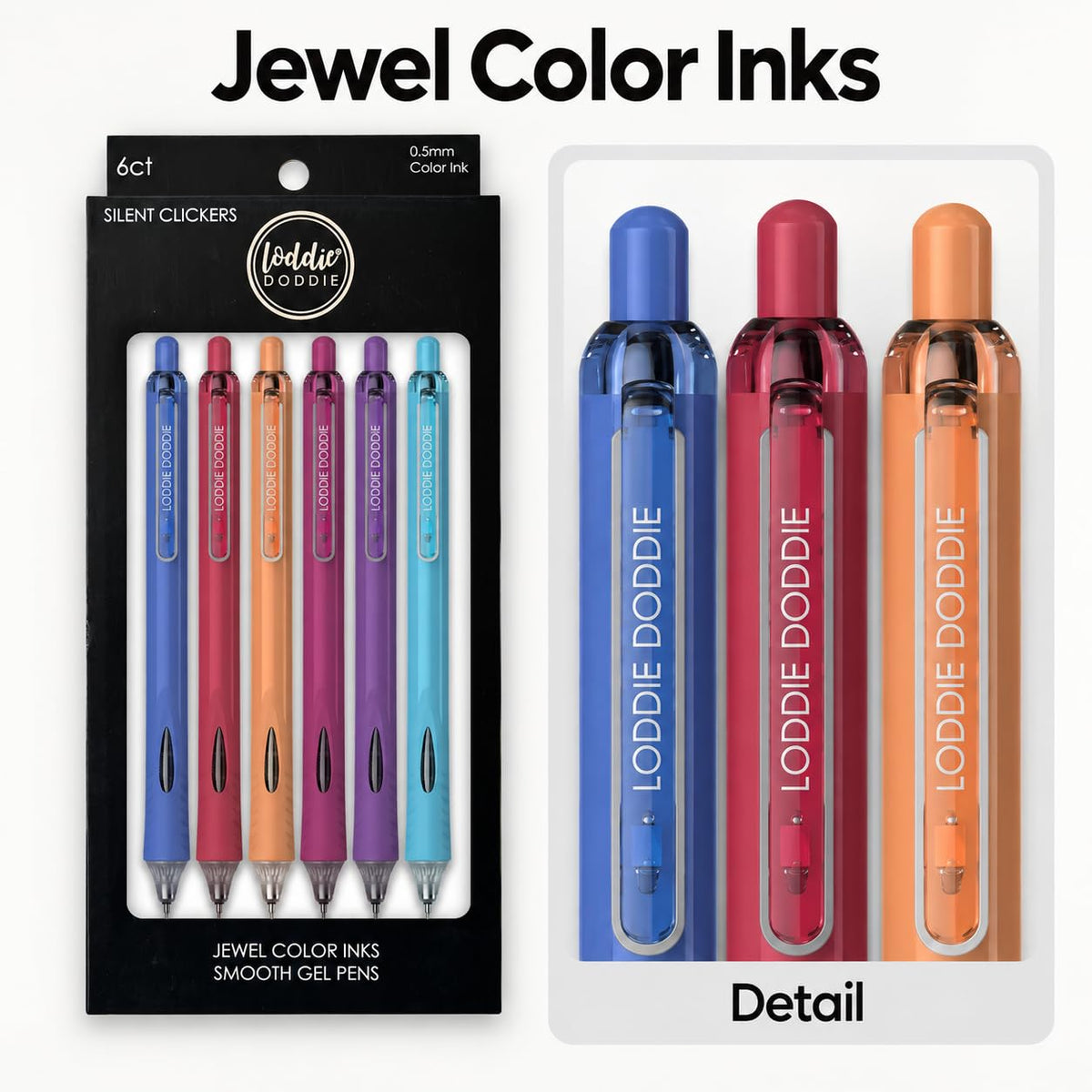 Loddie Doddie Hush Retractable Gel Pens, 0.5 mm Tip, Jewel Tones, 6 Pack