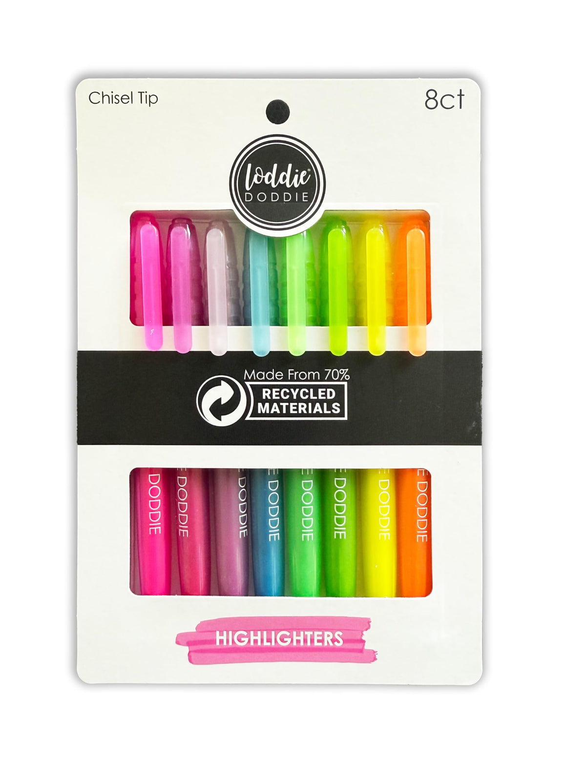 Loddie Doddie Chisel Tip Highlighters, Clear Barrels, Matching Caps, 8 Pack