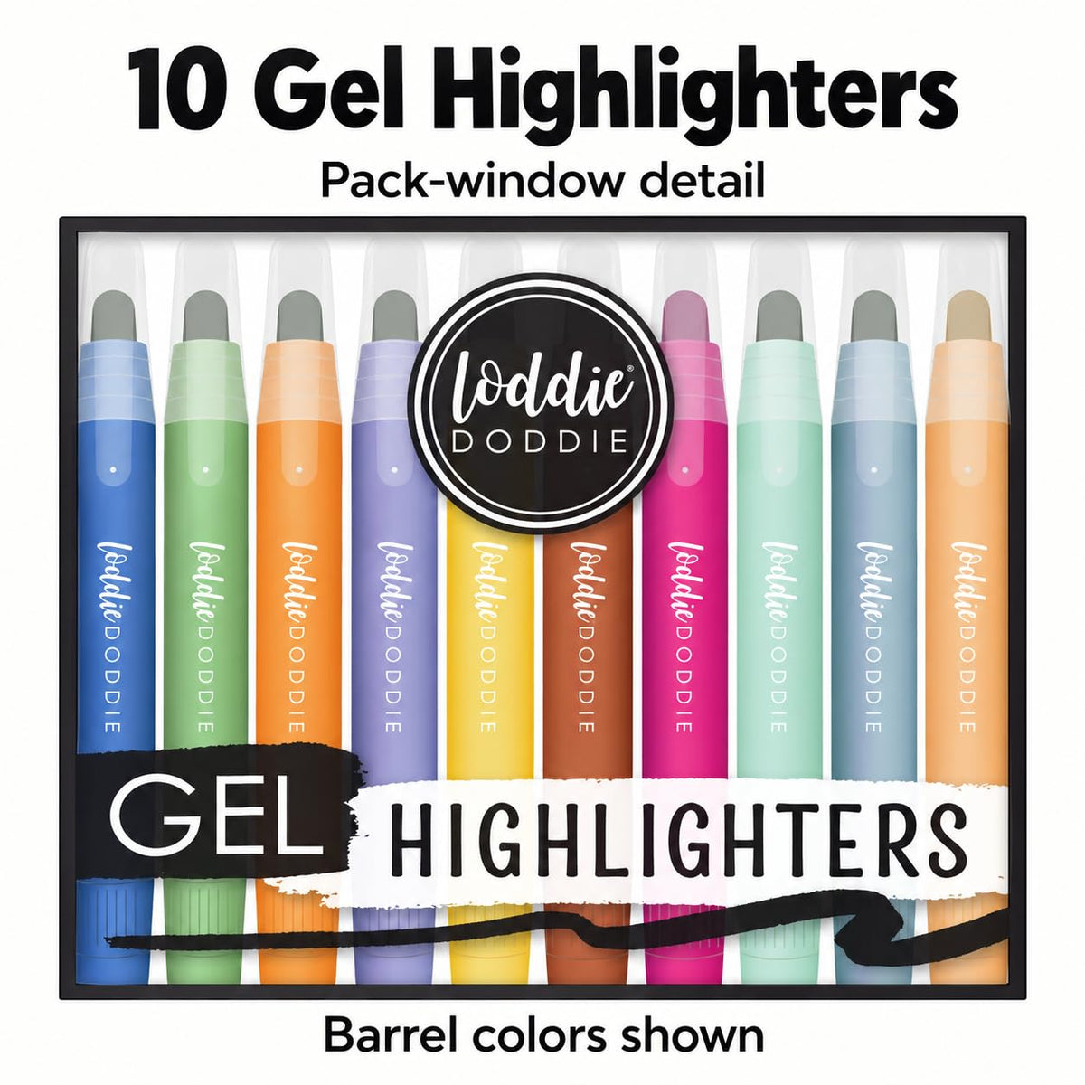 Loddie Doddie Gel Highlighters, Assorted Colors, Color-Coded Barrels, 10 Pack
