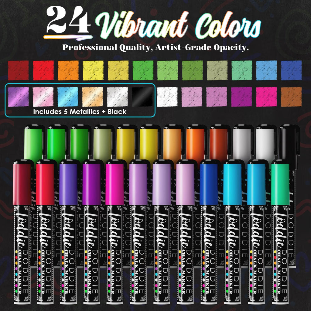 Loddie Doddie Liquid Chalk Markers, Reversible Bullet & Chisel Tips, 24 Pc