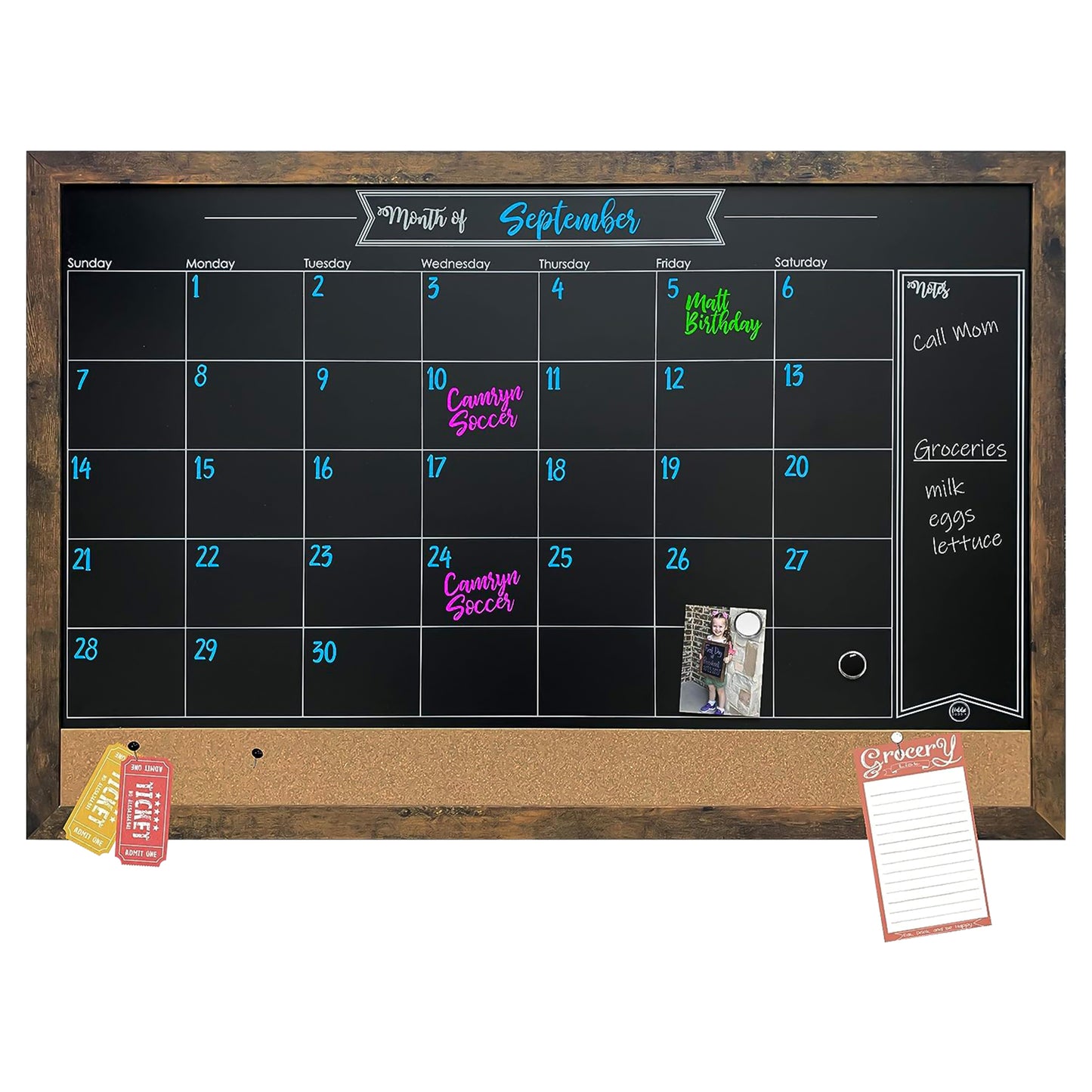 24x36 Magnetic Chalkboard Calendar Combo Board- Rustic Frame