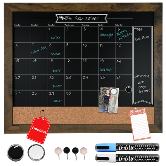 Photo of a chalkboard calendar with a cork board bottom border
