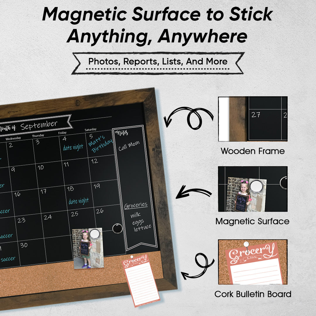 18x24 3N1 Magnetic Chalkboard Calendar Combo Kit- Rustic Frame