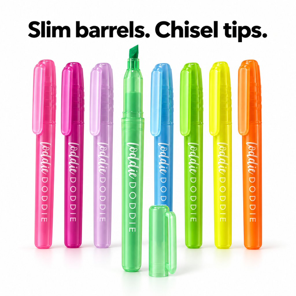 Loddie Doddie Chisel Tip Highlighters, Clear Barrels, Matching Caps, 8 Pack