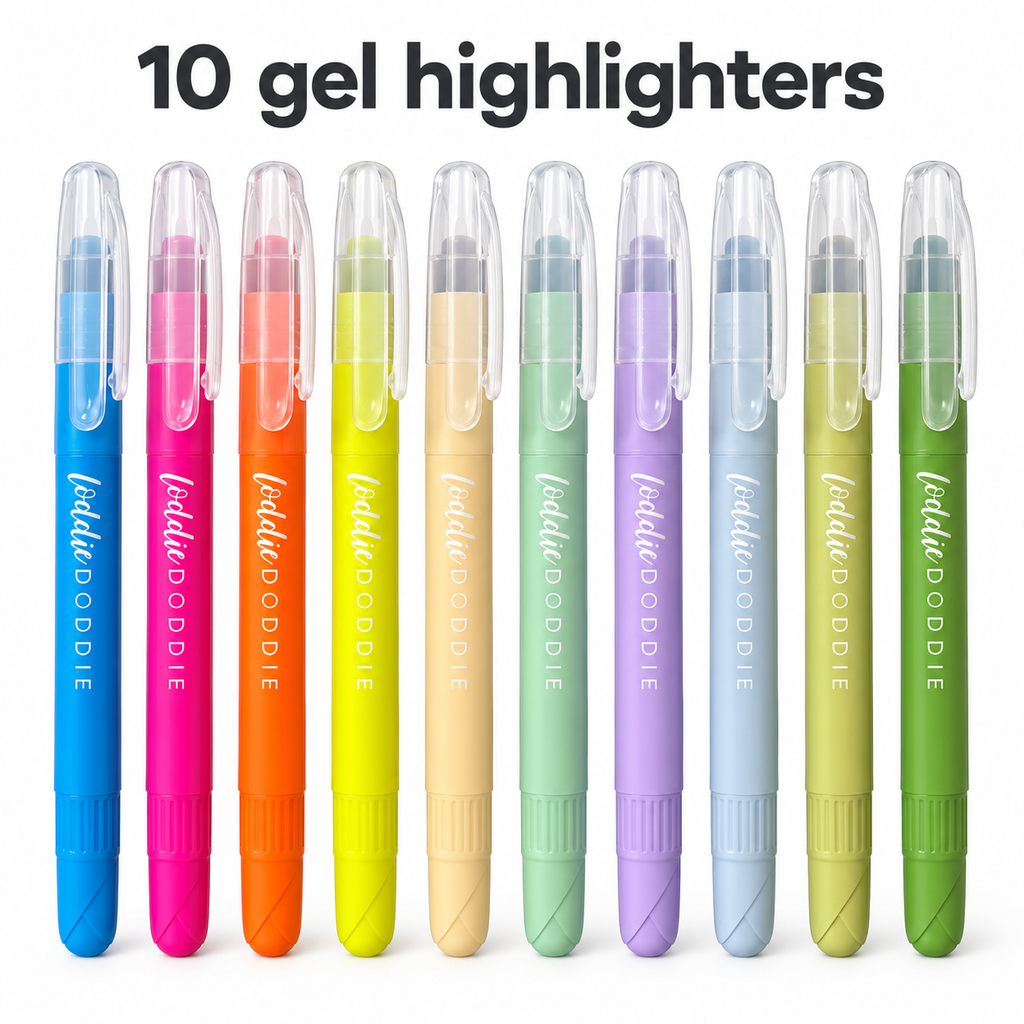 Loddie Doddie Gel Highlighters, Assorted Colors, Color-Coded Barrels, 10 Pack