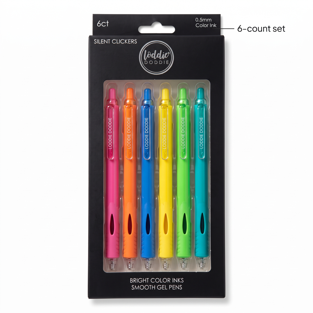 Loddie Doddie Silent-Click Retractable Gel Pens, 0.5 mm Fine Tips, 6 Pack