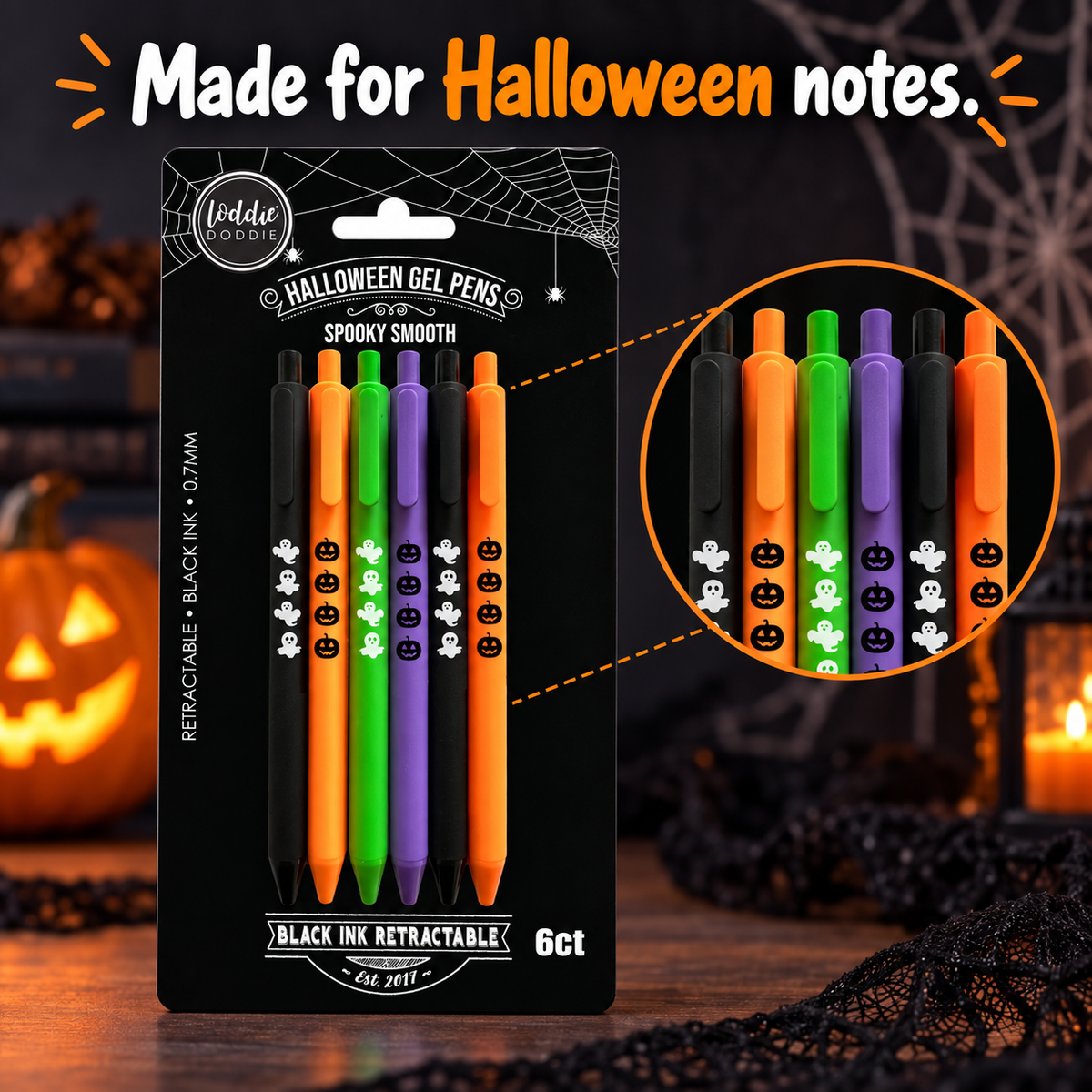 Loddie Doddie 6ct Retractable Satin Gel Pens - Halloween Ghost and Pumpkin