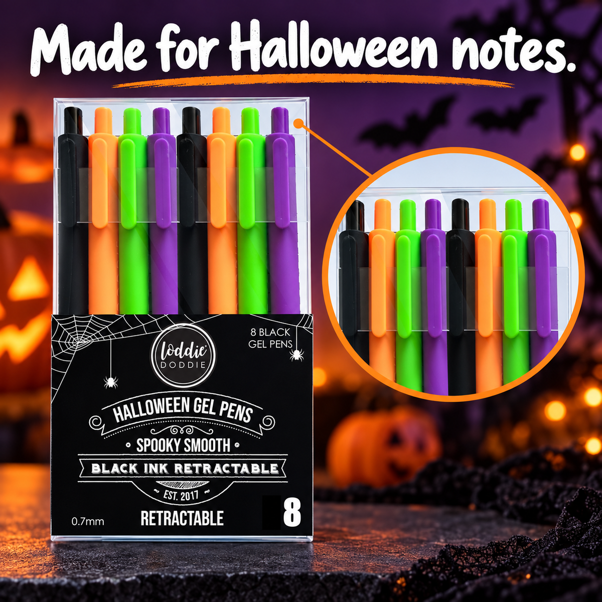 Loddie Doddie 8ct Retractable Gel Pens - Black Ink - Halloween Colors