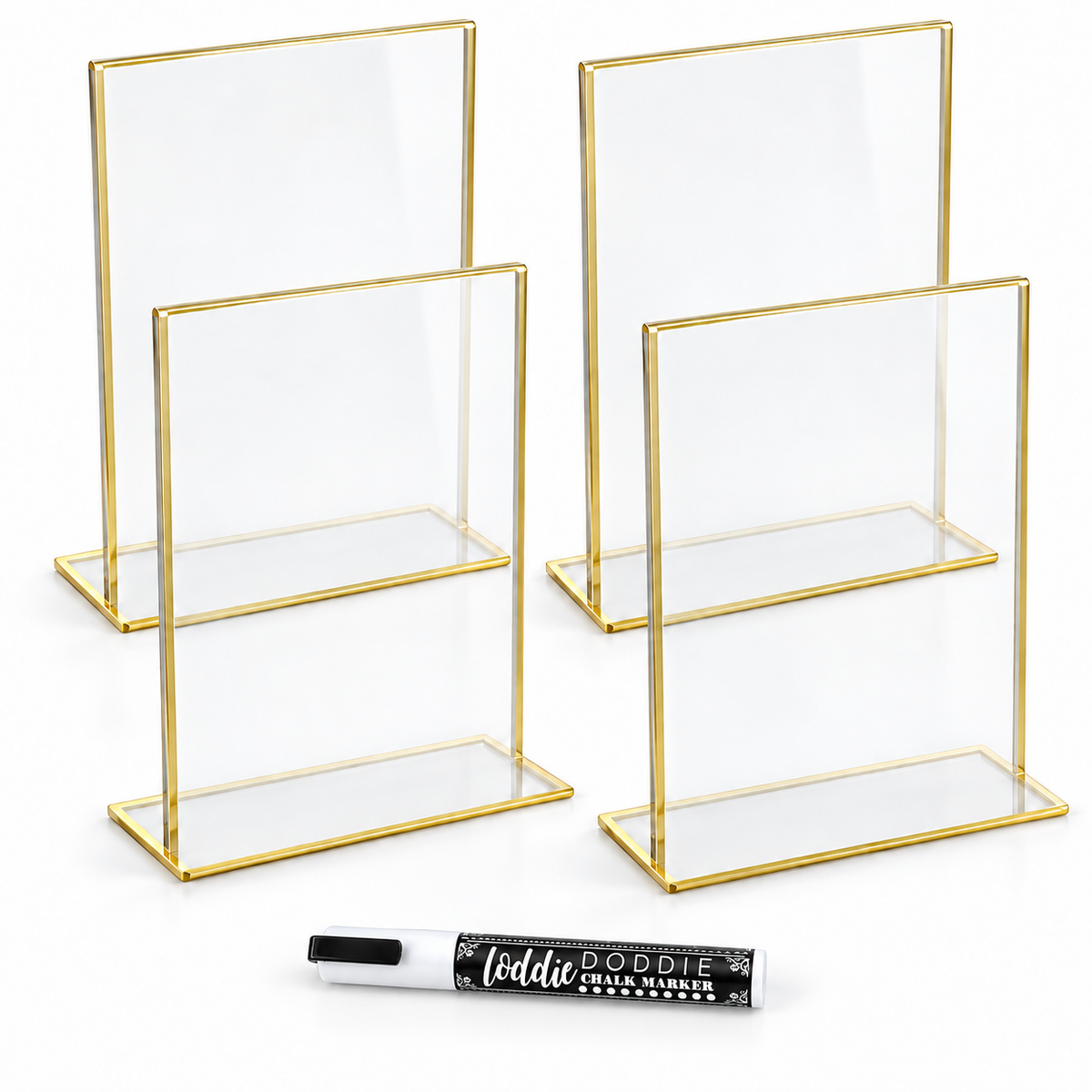 Loddie Doddie Gold Acrylic Signs, Self-Standing 4 x 6 Inch Sign Holders, 4 Pack with White Chalk Marker