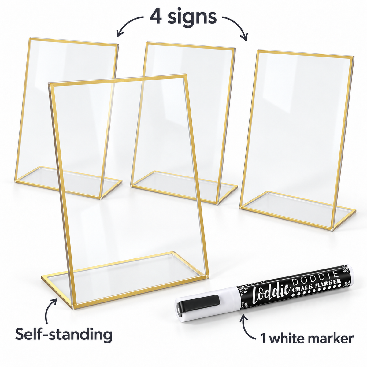 Loddie Doddie Gold Acrylic Signs, Self-Standing 4 x 6 Inch Sign Holders, 4 Pack with White Chalk Marker