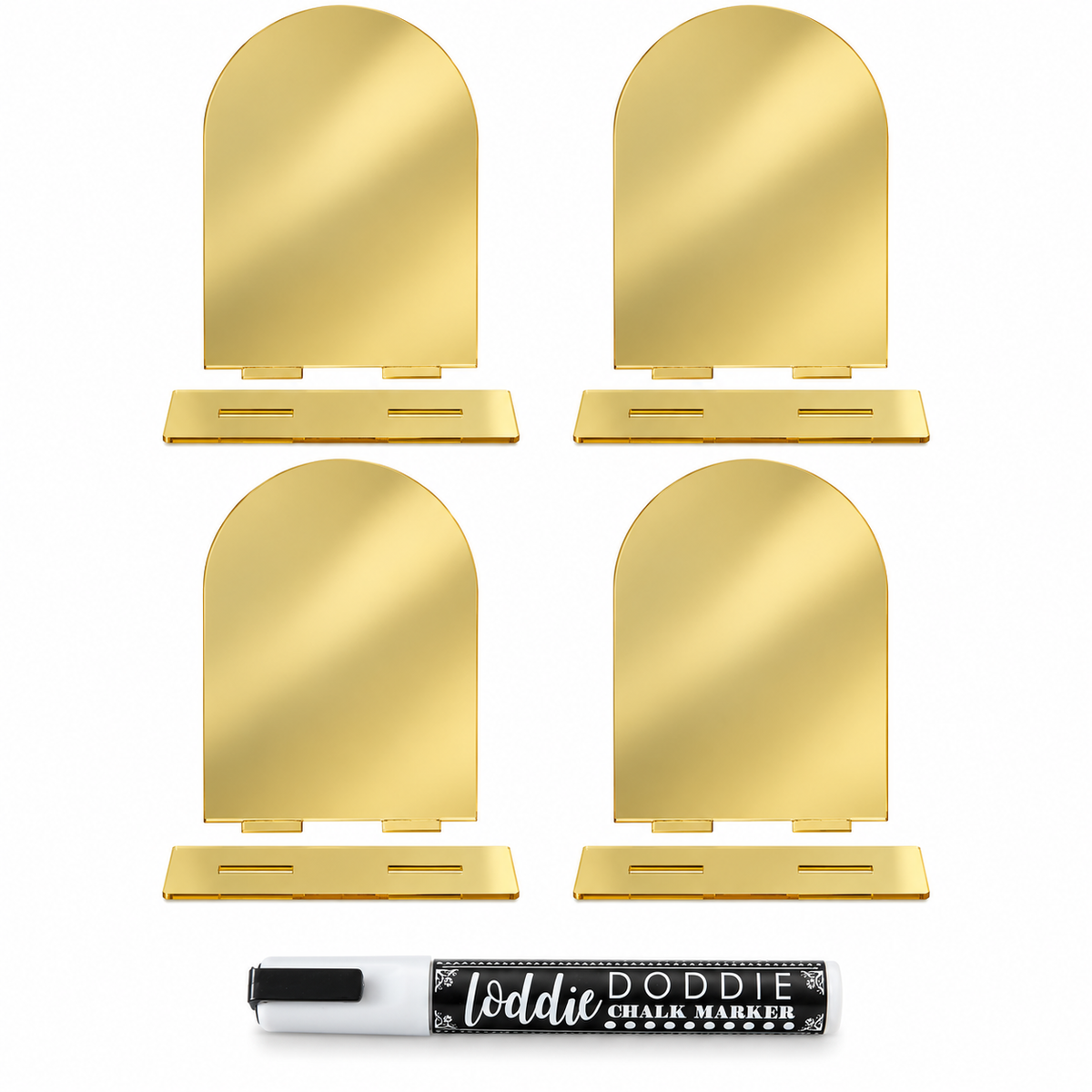 Loddie Doddie Gold Mirror Acrylic Arch Signs with Bases, 4 x 6 Inch, 4 Pack with White Chalk Marker
