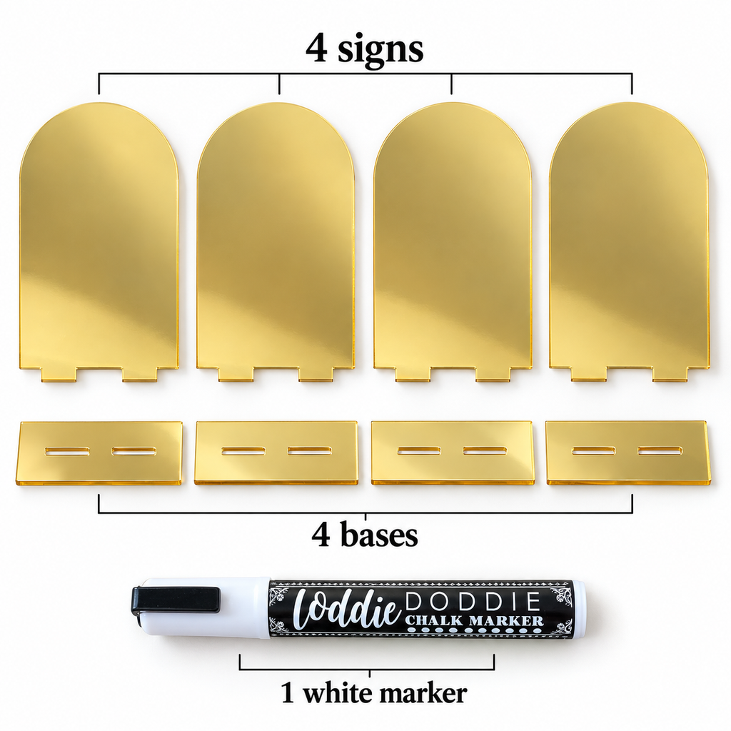 Loddie Doddie Gold Mirror Acrylic Arch Signs with Bases, 4 x 6 Inch, 4 Pack with White Chalk Marker