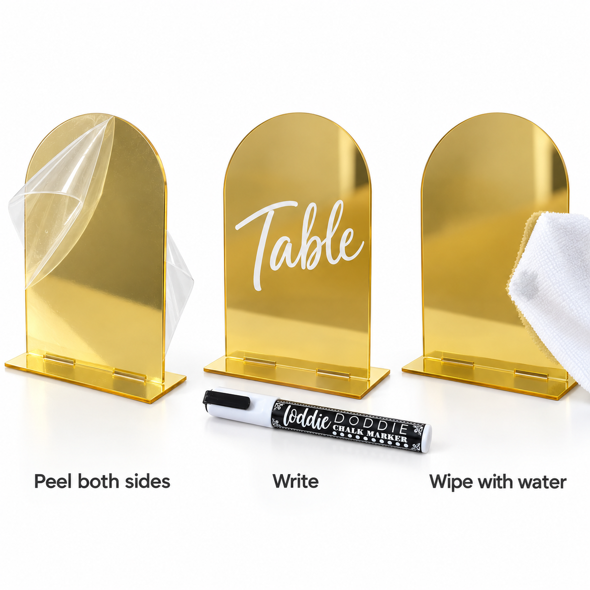Loddie Doddie Gold Mirror Acrylic Arch Signs with Bases, 4 x 6 Inch, 4 Pack with White Chalk Marker