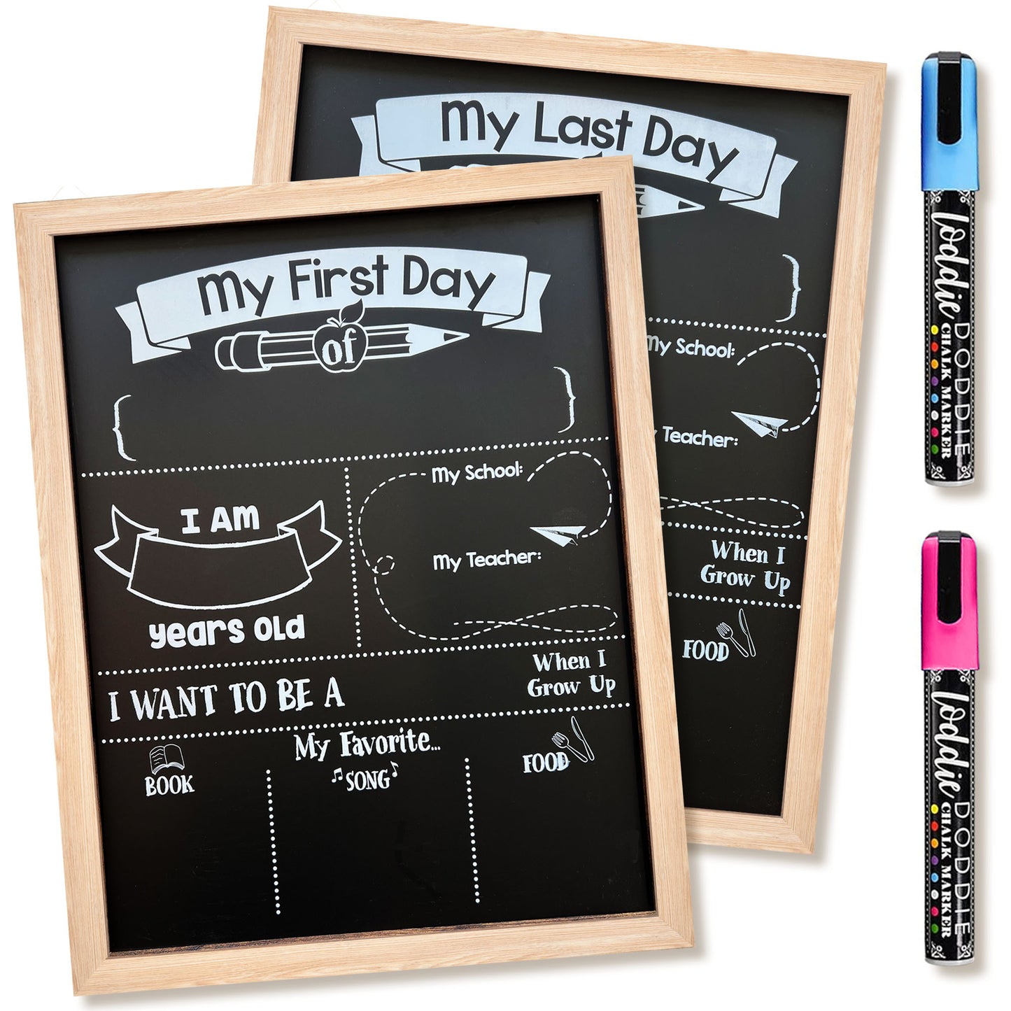 My First and Last Day Double-Sided Chalkboard Kit, Light Wood Frame with 2 Chalk Markers included