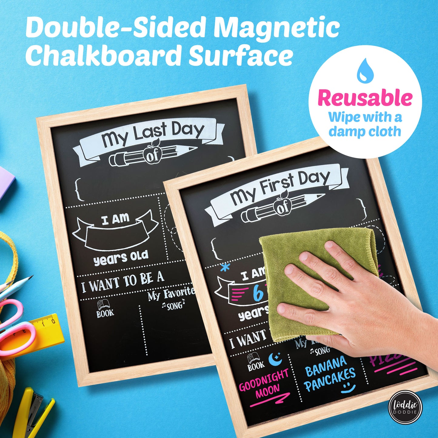 My First and Last Day Double-Sided Chalkboard Kit, Light Wood Frame with 2 Chalk Markers included