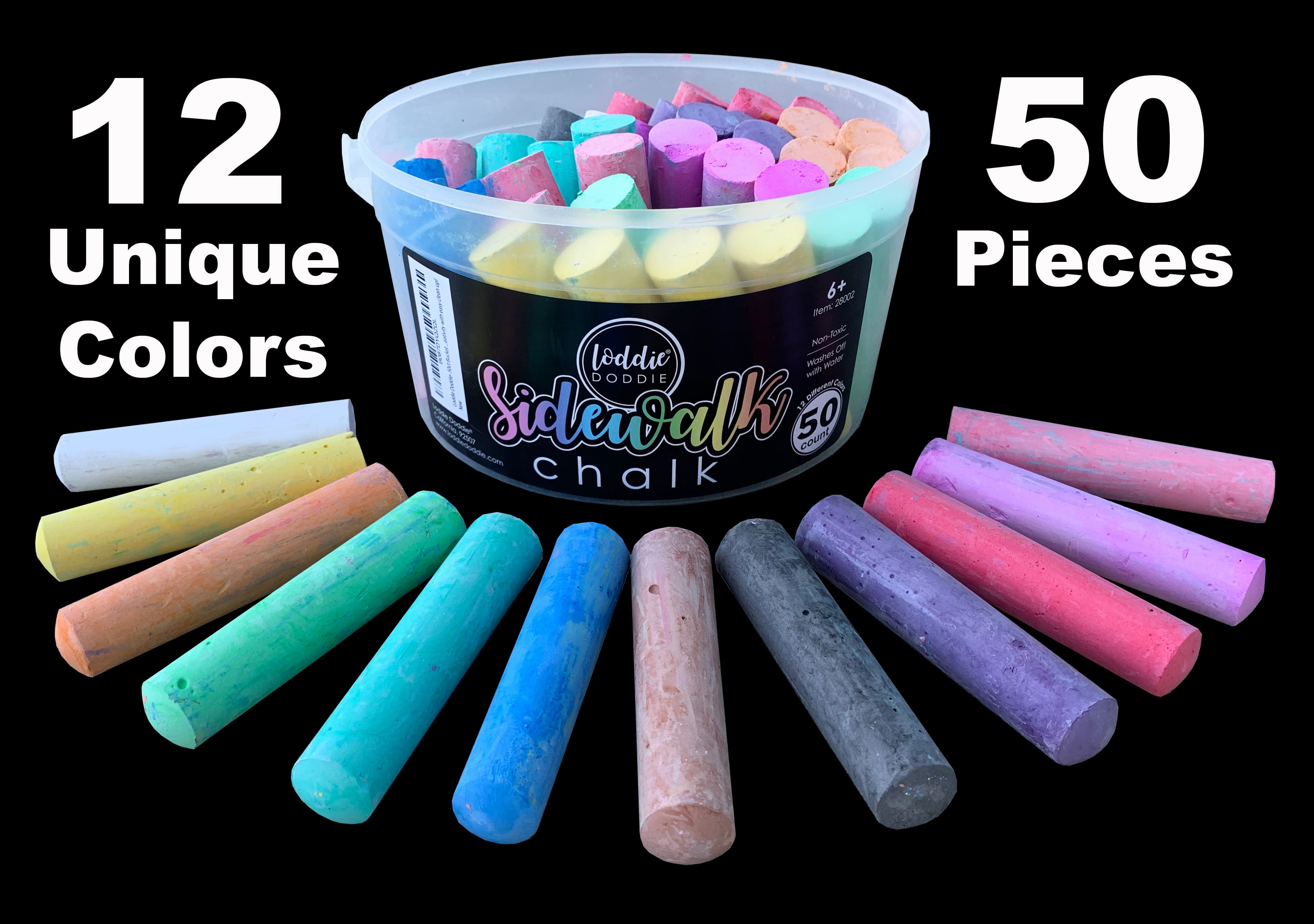 Loddie Doddie- 50ct Bucket of Sidewalk Chalk- 8 Unique Colors- Long Lasting Non-Toxic Jumbo Sticks- Reusable Bucket for Hours
