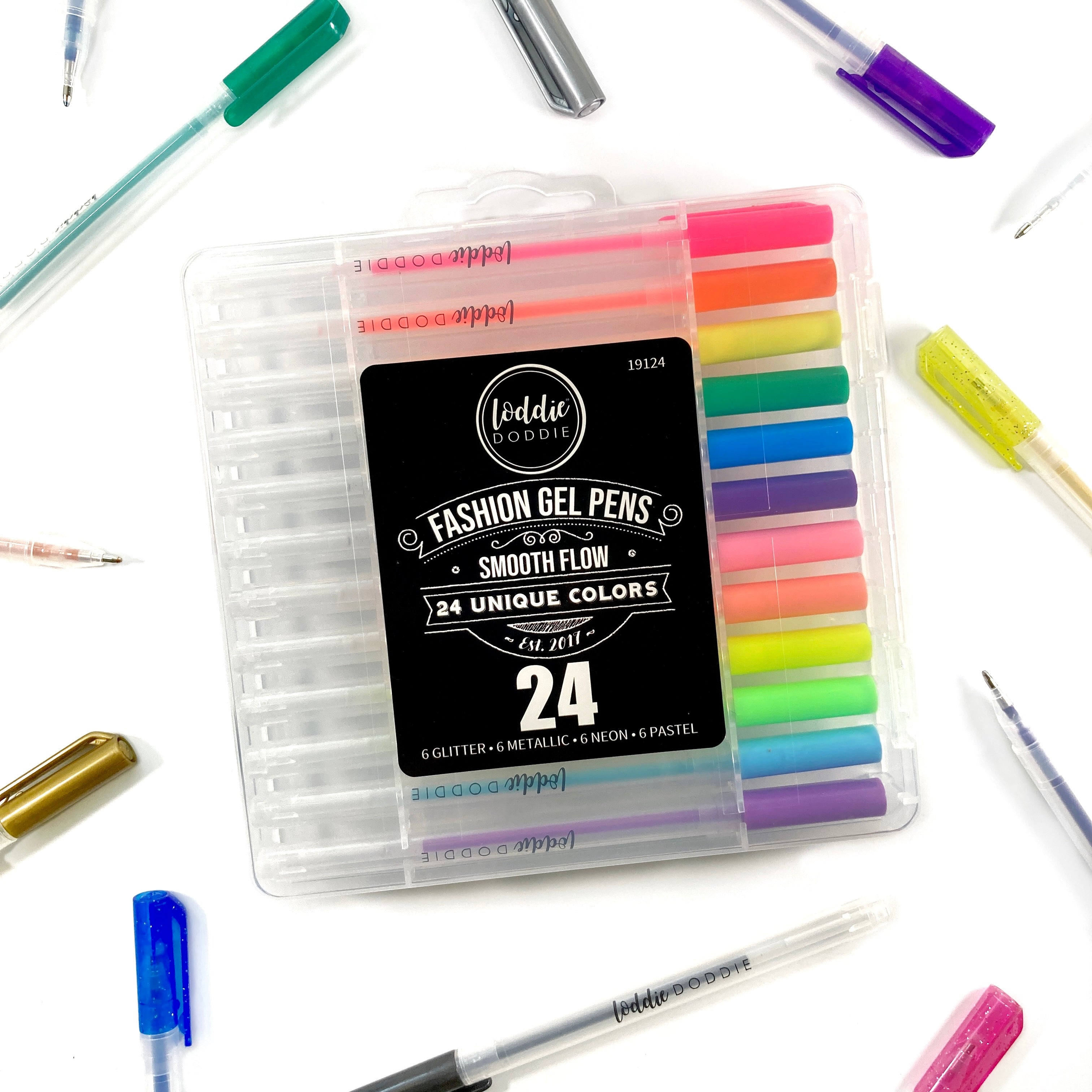 Loddie Doddie Colored Gel Pens for Note Taking, Ballpoint Ink Gel Pens with 1mm Tip, 24-Pack Colored Pens in 6 Neon, Metallic