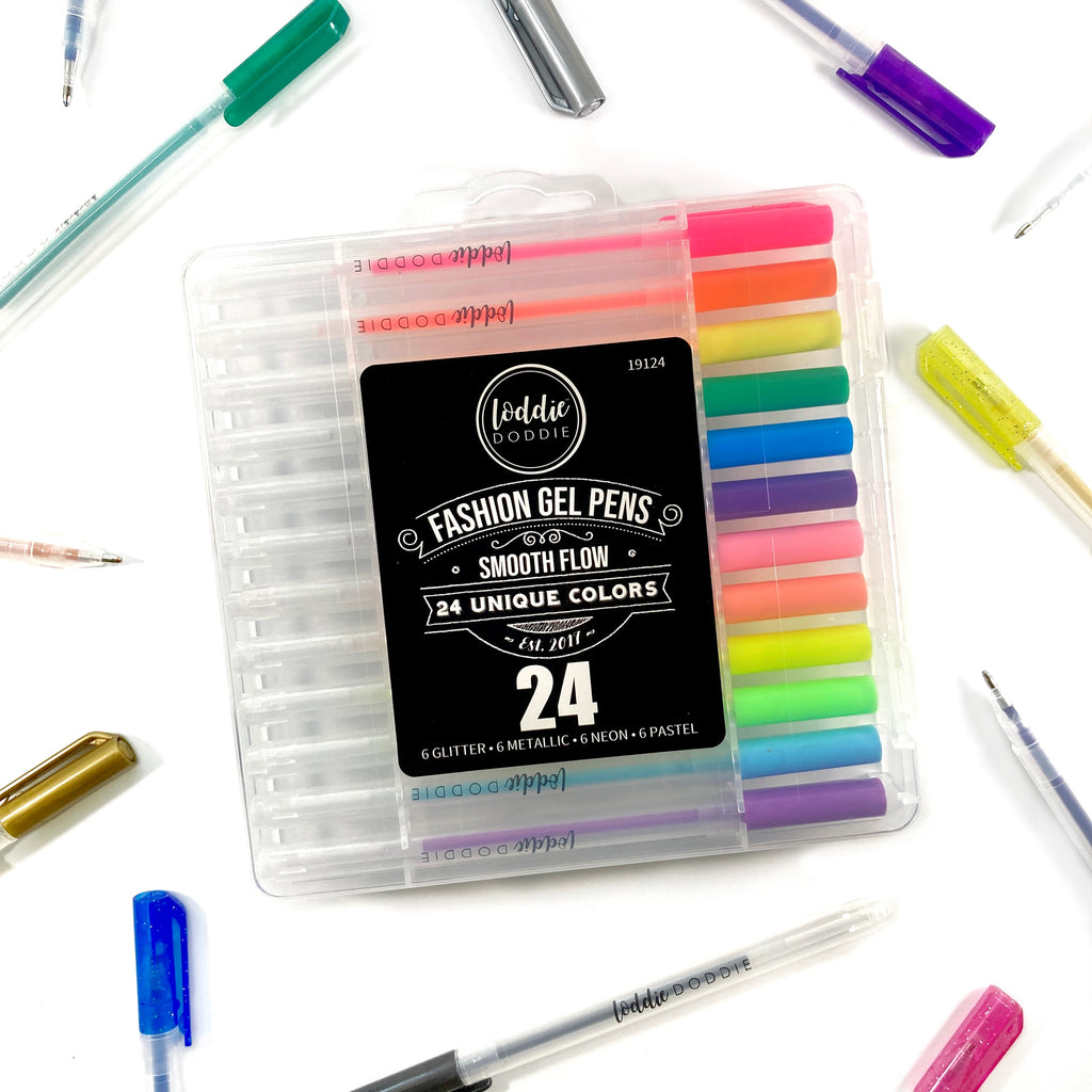 24ct Gel Pens with Plastic Carry Case - Neon, Metallic, Glitter and Pastel
