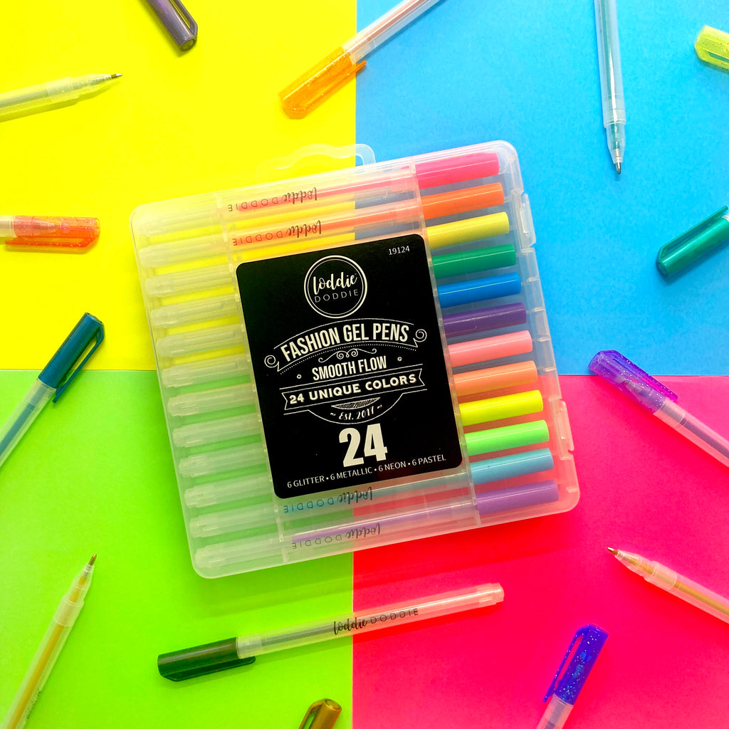 24ct Gel Pens with Plastic Carry Case - Neon, Metallic, Glitter and Pastel