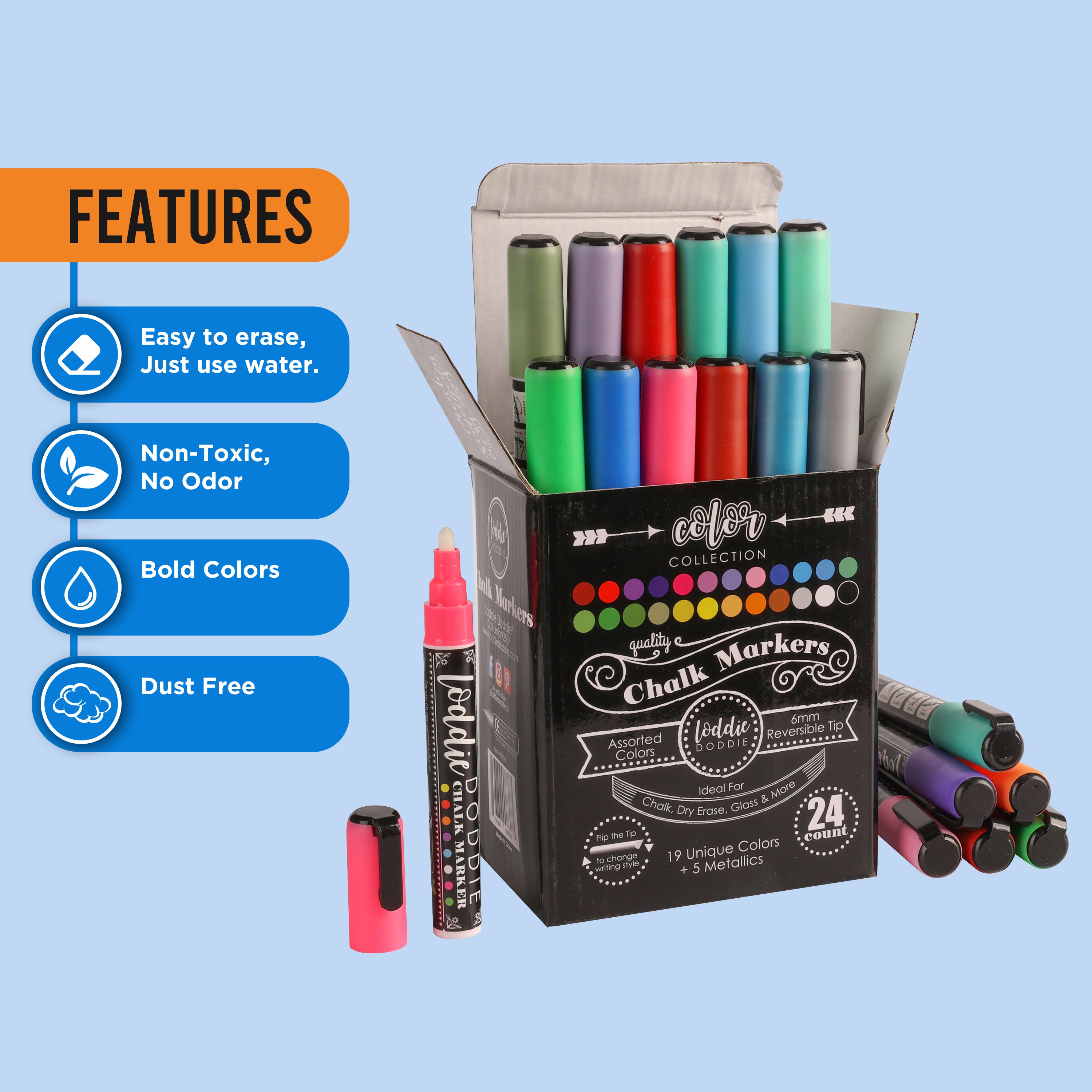 Loddie Doddie Liquid Chalk Markers for Chalkboard - 6mm Reversible Chisel  and Bullet Tips, Chalkboard Markers Erasable, Vivid Neon Chalk Pens- 8  Count : Buy Online at Best Price in KSA 