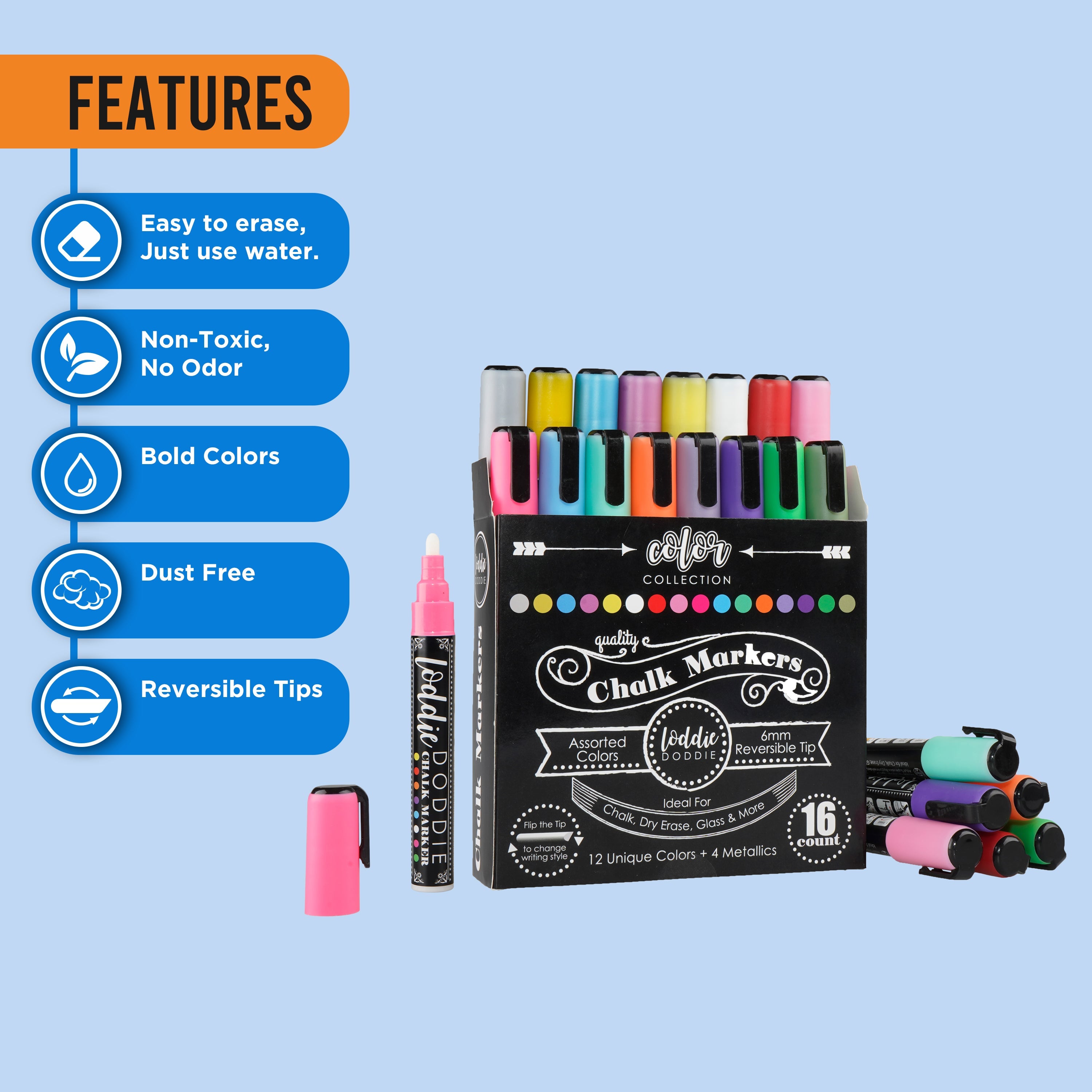 Loddie Doddie Liquid Chalk Markers | Dust Free Chalk Pens - Perfect for Chalkboards, Blackboards, Windows and Glass | 6mm Reversible Bullet & Chisel