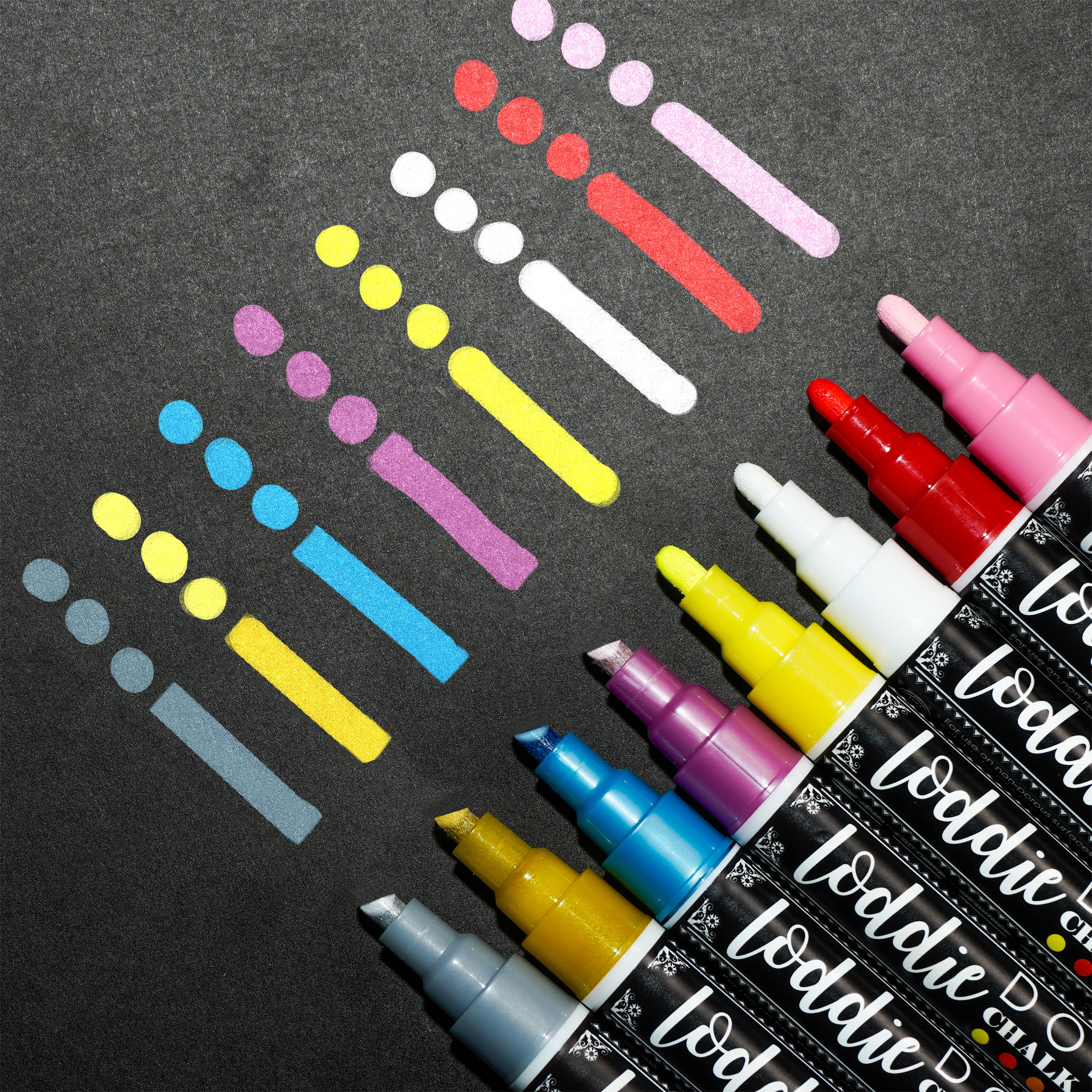 Loddie Doddie Liquid Chalk Markers for Chalkboard - 6mm Reversible Chisel  and Bullet Tips, Chalkboard Markers Erasable, Vivid Neon Chalk Pens- 8 Count